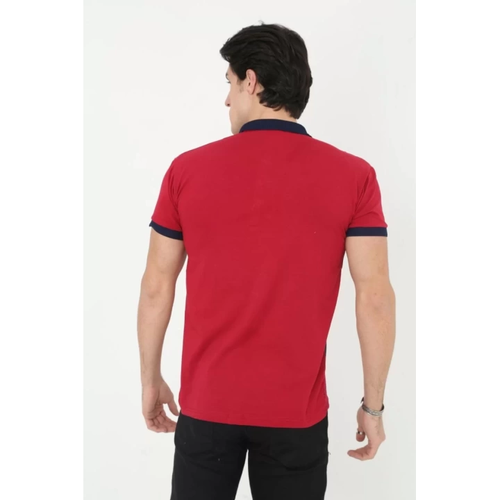 Erkek Yakalı Slim Fit Baskılı T-Shirt - Kırmızı