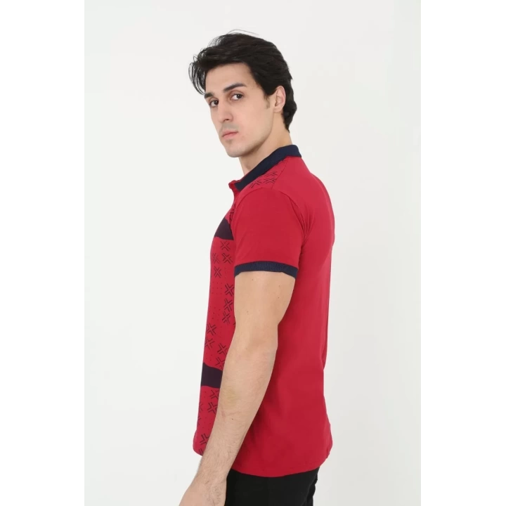 Erkek Yakalı Slim Fit Baskılı T-Shirt - Kırmızı