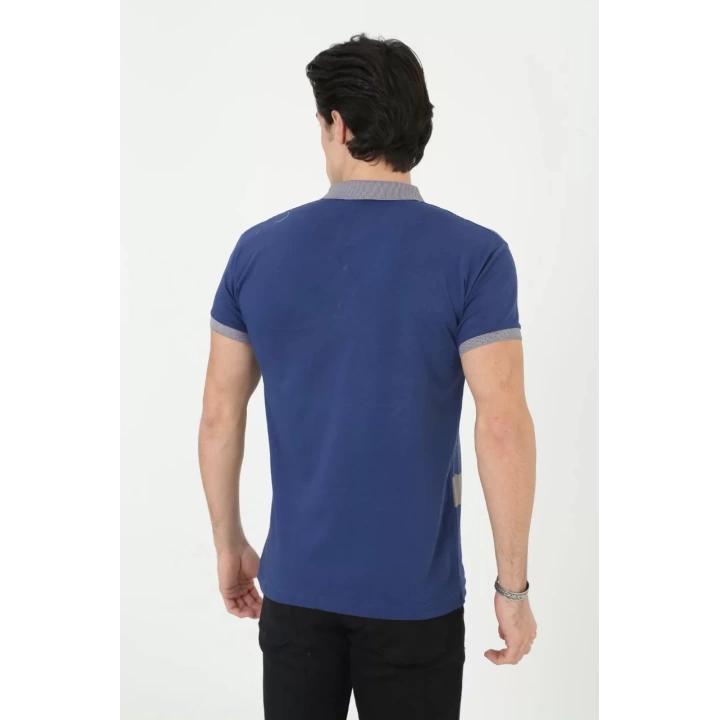 Erkek Yakalı Slim Fit Baskılı T-Shirt - Mavi