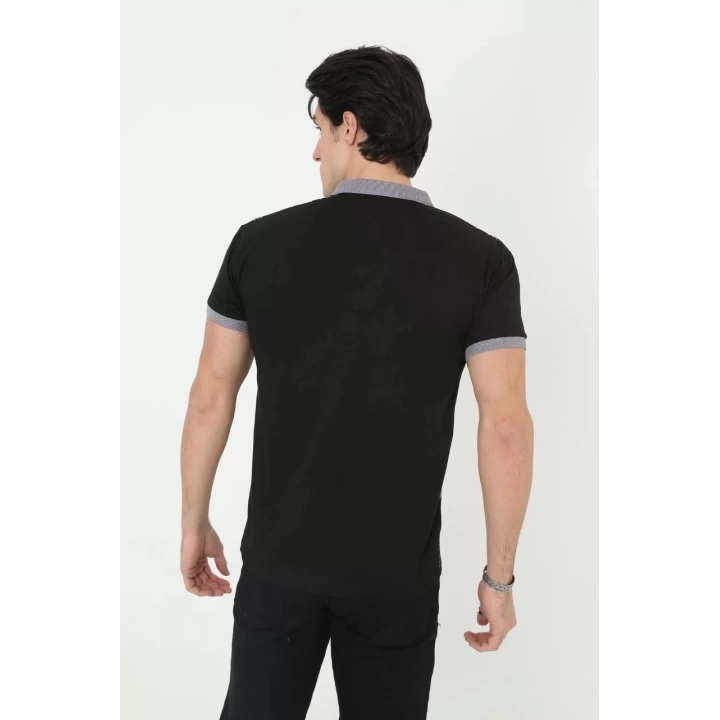 Erkek Yakalı Slim Fit Baskılı T-Shirt - Siyah