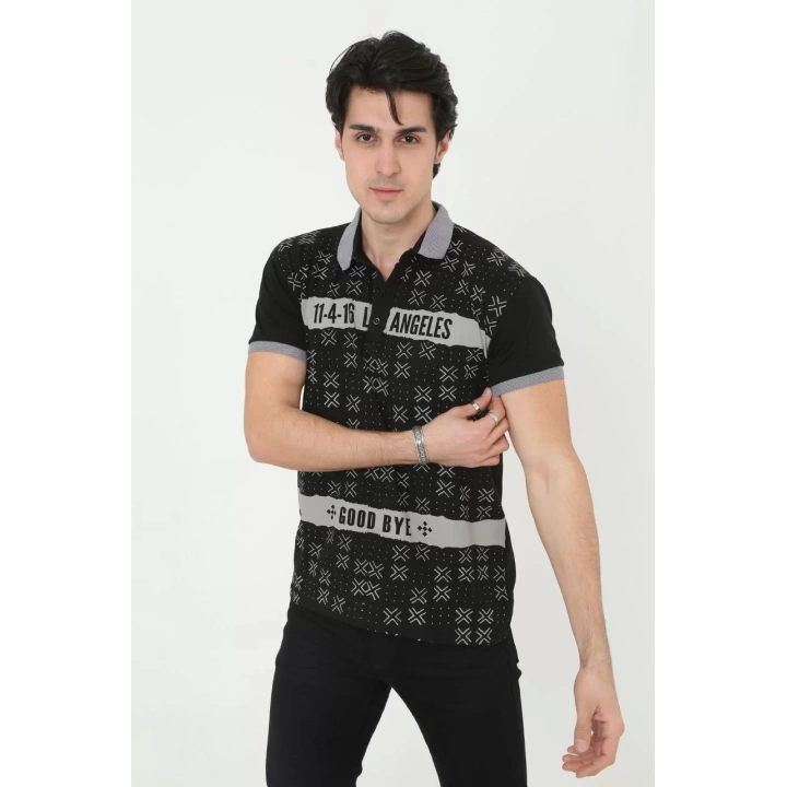 Erkek Yakalı Slim Fit Baskılı T-Shirt - Siyah