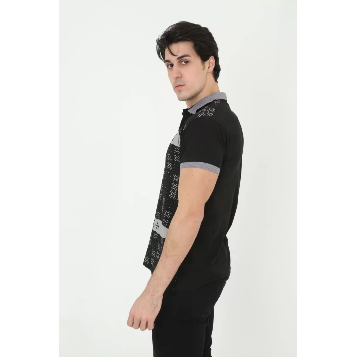 Erkek Yakalı Slim Fit Baskılı T-Shirt - Siyah