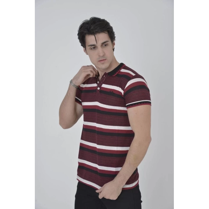 Erkek Yakalı Slim Fit Dokuma Çizgili T-Shirt - Bordo