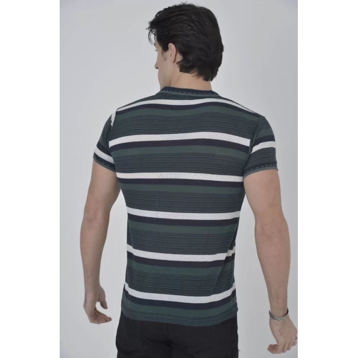 Erkek Yakalı Slim Fit Dokuma Çizgili T-Shirt - Haki