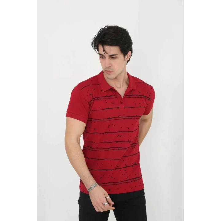 Erkek Yakalı Slim Fit Pike Çizgili T-Shirt - Kırmızı