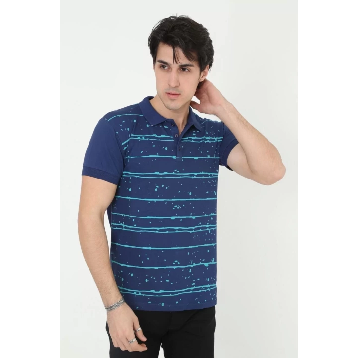 Erkek Yakalı Slim Fit Pike Çizgili T-Shirt - Mavi