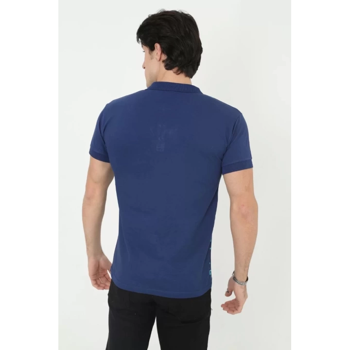 Erkek Yakalı Slim Fit Pike Çizgili T-Shirt - Mavi