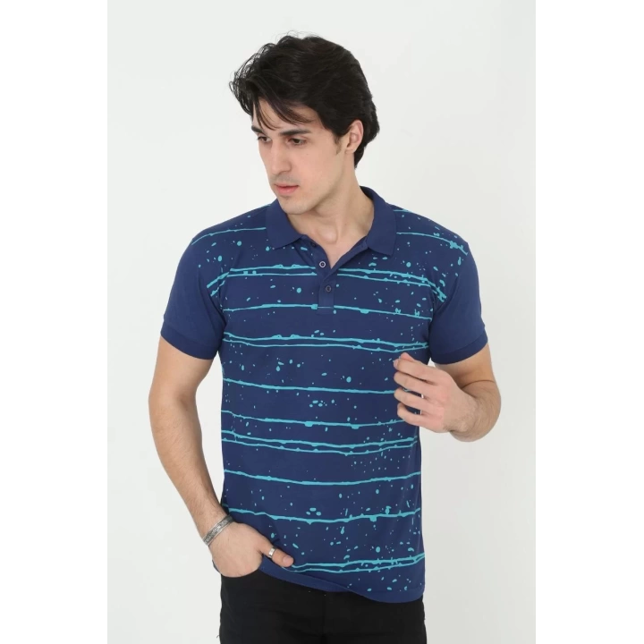 Erkek Yakalı Slim Fit Pike Çizgili T-Shirt - Mavi