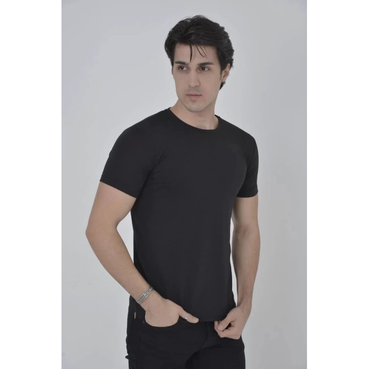 Erkek Yandan Fermuarli Slim fit T-shirt - Siyah