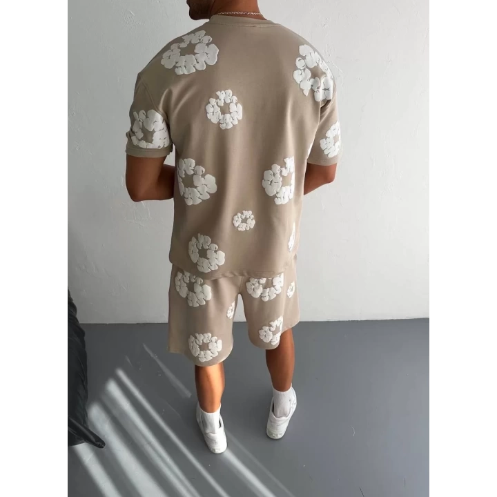 İki İplik Kumaş Baskılı T-shirt Şortlu Takım- Bej