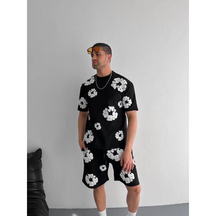 İki İplik Kumaş Baskılı T-shirt Şortlu Takım- Siyah