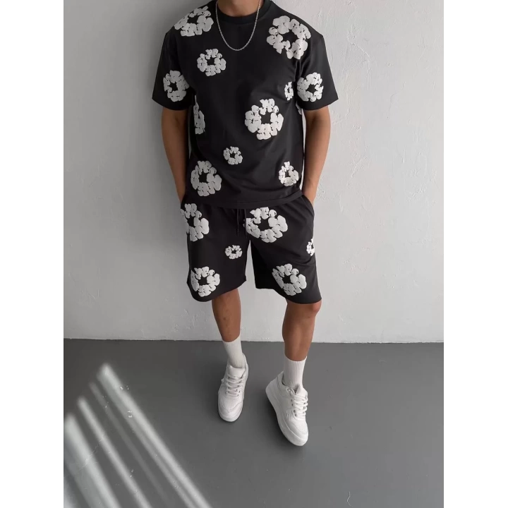İki İplik Kumaş Baskılı T-shirt Şortlu Takım- Siyah
