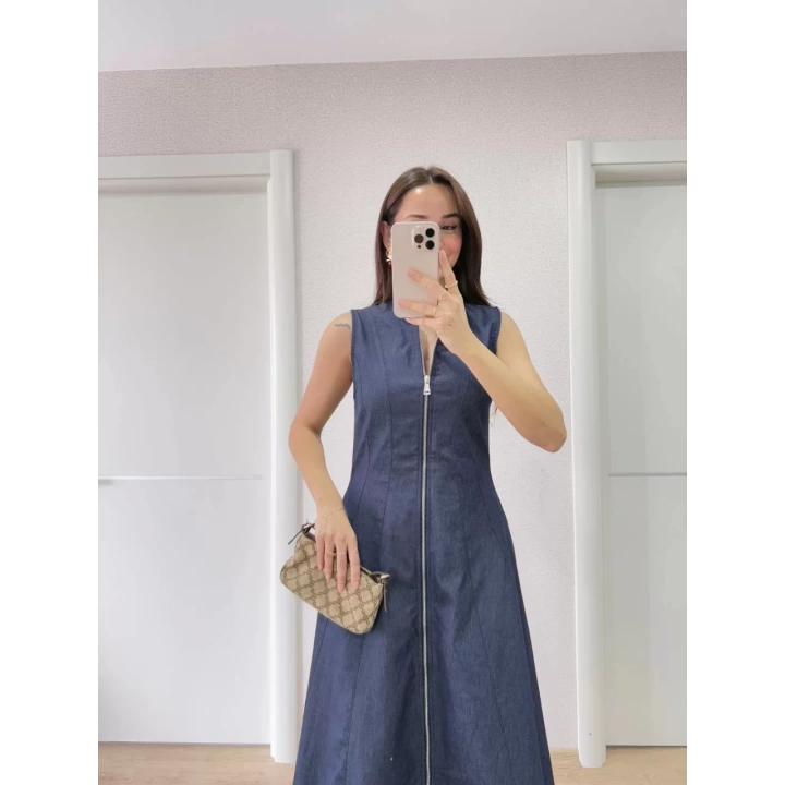 Jeans Kot Önü Tam Fermuarlı Uzun Elbise - Mavi