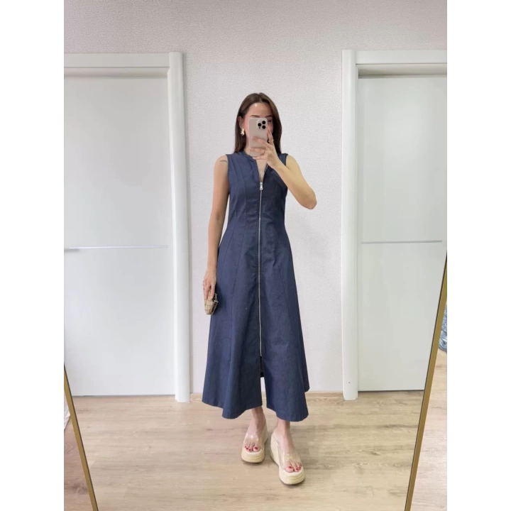Jeans Kot Önü Tam Fermuarlı Uzun Elbise - Mavi