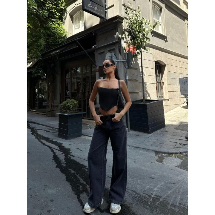 Kadın  Arkadan Yırtmaçlı Jeans Kot Palazzo Pantolon - Siyah