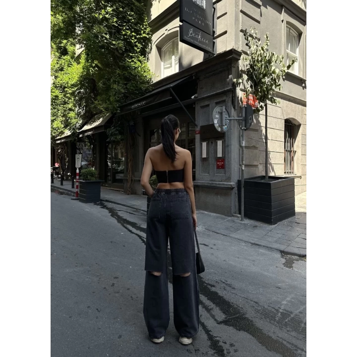 Kadın  Arkadan Yırtmaçlı Jeans Kot Palazzo Pantolon - Siyah