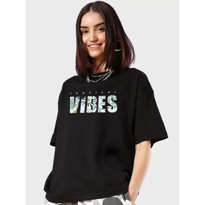 Kadın Baskılı Oversize T-shirt - Siyah