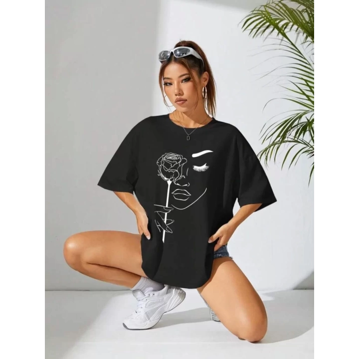 Kadın Baskılı Oversize T-shirt - Siyah