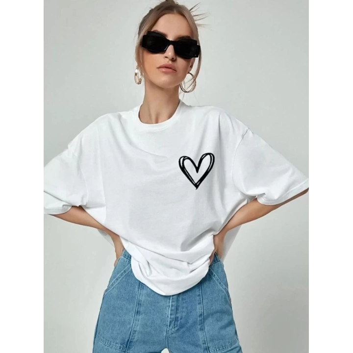 Kadın Bisiklet Yaka Baskılı Oversize T-Shirt - Beyaz