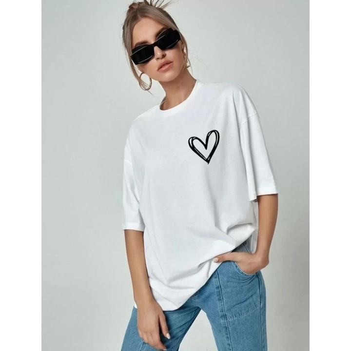 Kadın Bisiklet Yaka Baskılı Oversize T-Shirt - Beyaz