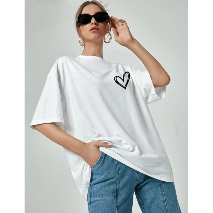 Kadın Bisiklet Yaka Baskılı Oversize T-Shirt - Beyaz