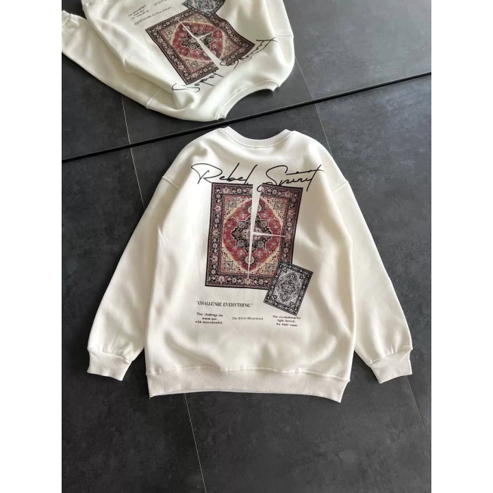 Kadın Bisiklet Yaka Baskılı SweatShirt - Beyaz