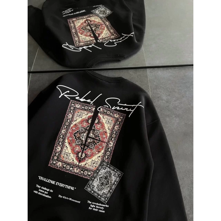 Kadın Bisiklet Yaka Baskılı SweatShirt - Siyah