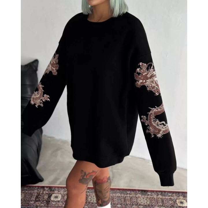 Kadın Bisiklet Yaka Baskılı SweatShirt - Siyah