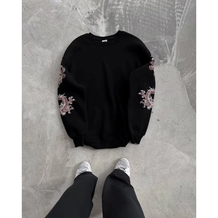 Kadın Bisiklet Yaka Baskılı SweatShirt - Siyah