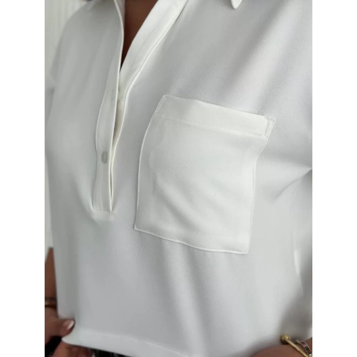 Kadın Crop Yakalı Gömlek Üç Çeyrek Sleeve Kol - Beyaz
