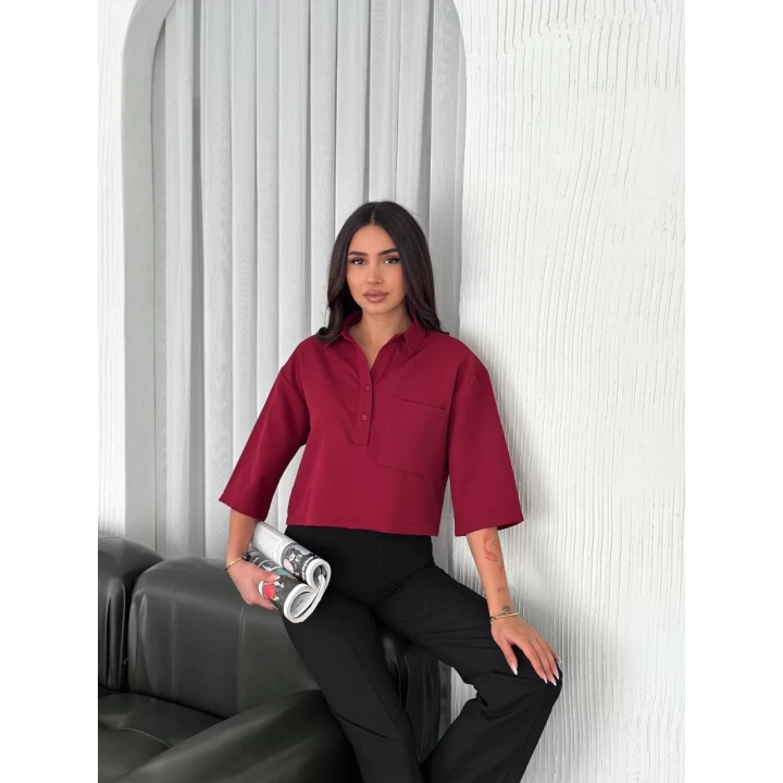 Kadın Crop Yakalı Gömlek Üç Çeyrek Sleeve Kol - Bordo