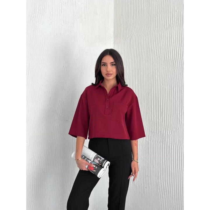 Kadın Crop Yakalı Gömlek Üç Çeyrek Sleeve Kol - Bordo