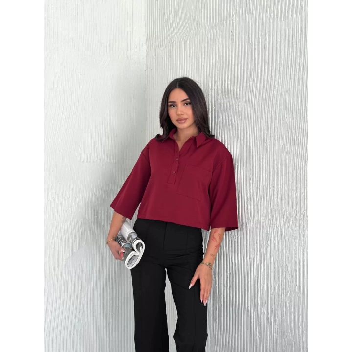Kadın Crop Yakalı Gömlek Üç Çeyrek Sleeve Kol - Bordo
