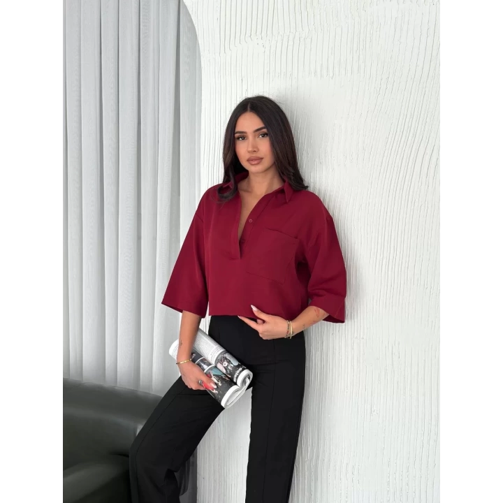 Kadın Crop Yakalı Gömlek Üç Çeyrek Sleeve Kol - Bordo