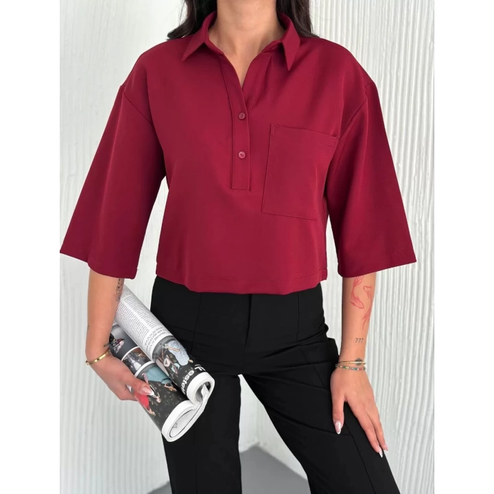 Kadın Crop Yakalı Gömlek Üç Çeyrek Sleeve Kol - Bordo
