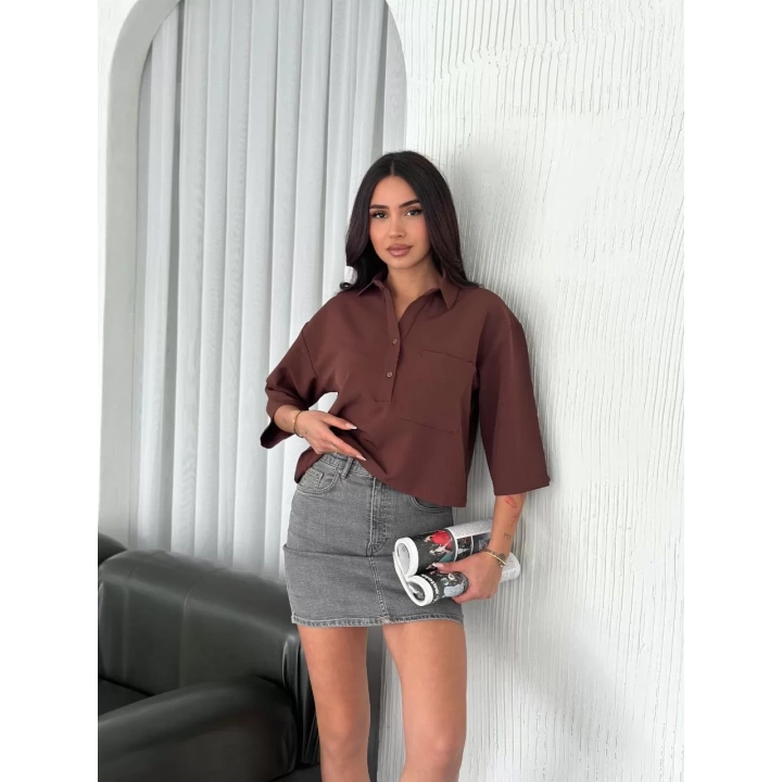 Kadın Crop Yakalı Gömlek Üç Çeyrek Sleeve Kol - Kahverengi