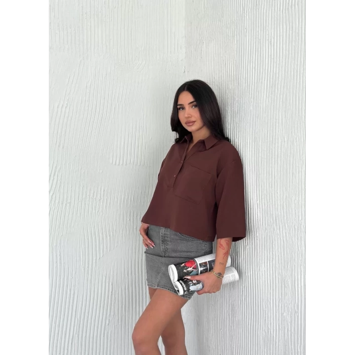 Kadın Crop Yakalı Gömlek Üç Çeyrek Sleeve Kol - Kahverengi