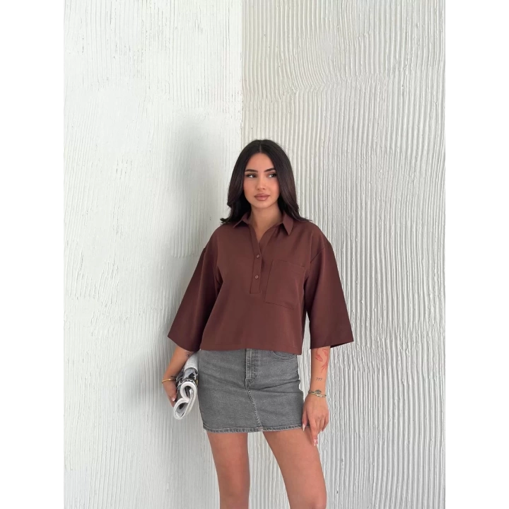 Kadın Crop Yakalı Gömlek Üç Çeyrek Sleeve Kol - Kahverengi