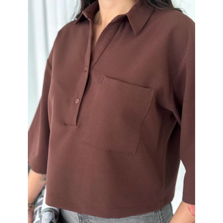 Kadın Crop Yakalı Gömlek Üç Çeyrek Sleeve Kol - Kahverengi