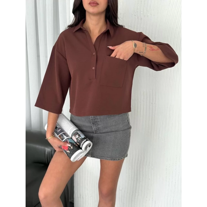 Kadın Crop Yakalı Gömlek Üç Çeyrek Sleeve Kol - Kahverengi