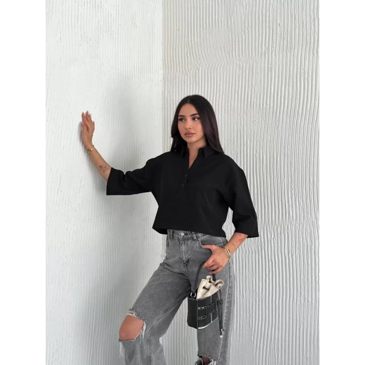 Kadın Crop Yakalı Gömlek Üç Çeyrek Sleeve Kol - Siyah