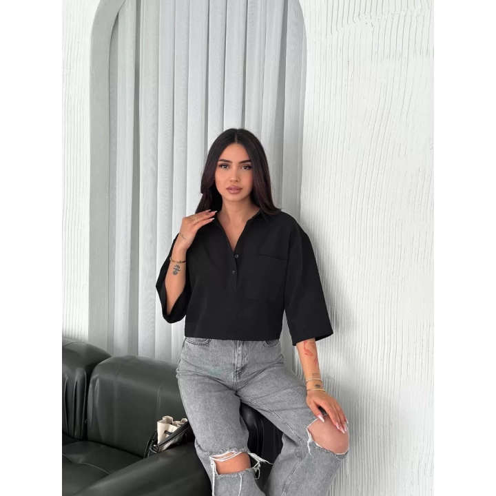 Kadın Crop Yakalı Gömlek Üç Çeyrek Sleeve Kol - Siyah