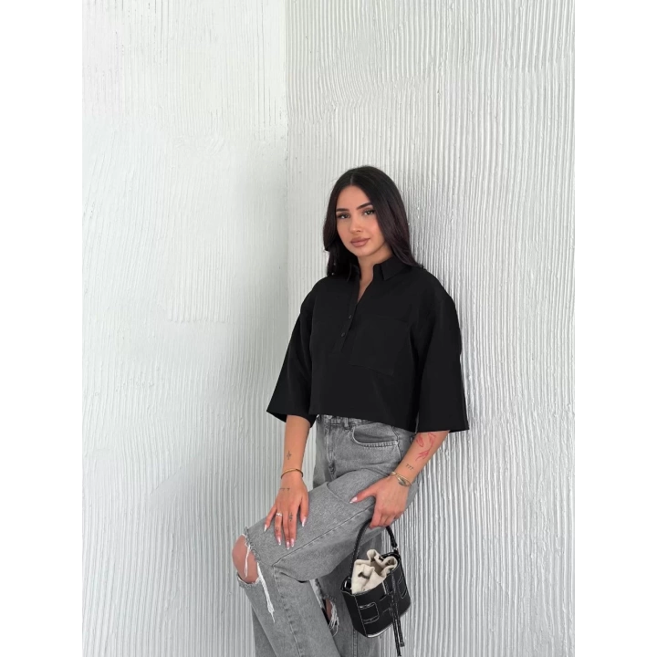 Kadın Crop Yakalı Gömlek Üç Çeyrek Sleeve Kol - Siyah