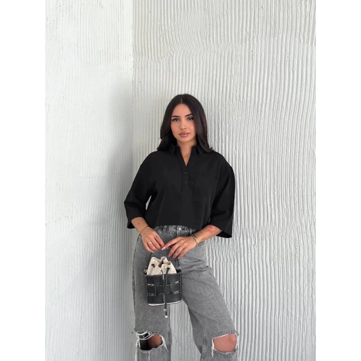Kadın Crop Yakalı Gömlek Üç Çeyrek Sleeve Kol - Siyah