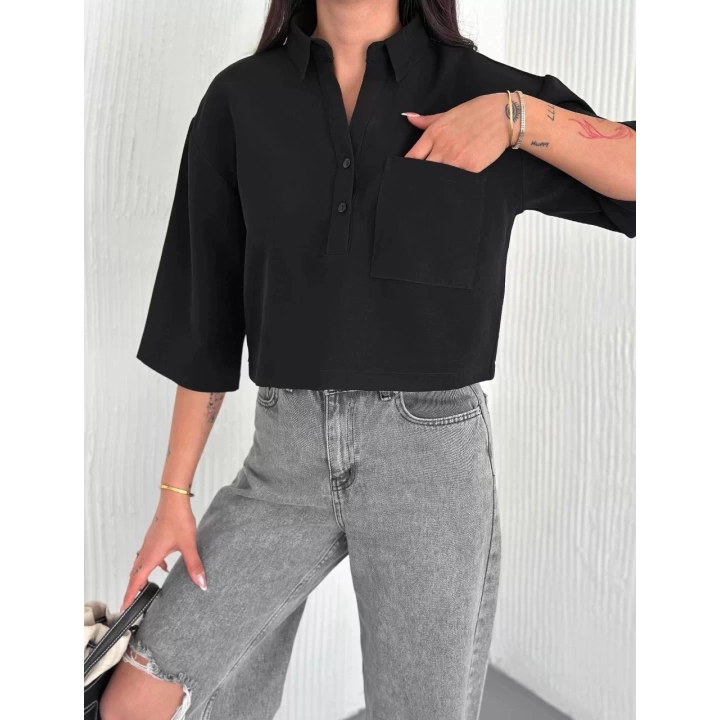 Kadın Crop Yakalı Gömlek Üç Çeyrek Sleeve Kol - Siyah