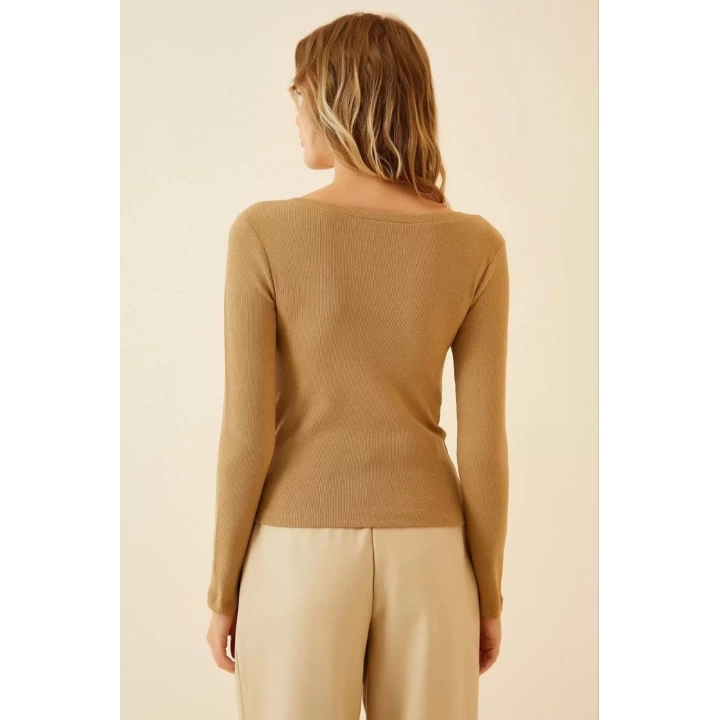 Kadın Fitilli Likralı Body Crop - Camel