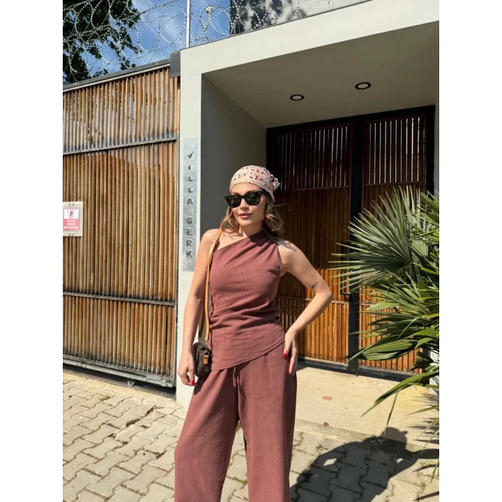 Kadın Keten Asimetrik Tek Omuzlu Bluz Pantalon Takım- Bordo