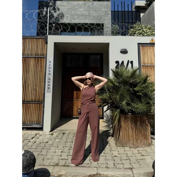 Kadın Keten Asimetrik Tek Omuzlu Bluz Pantalon Takım- Bordo