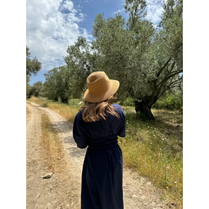 Kadın Keten Kısa Kollu uzun  Elbise - Lacivert
