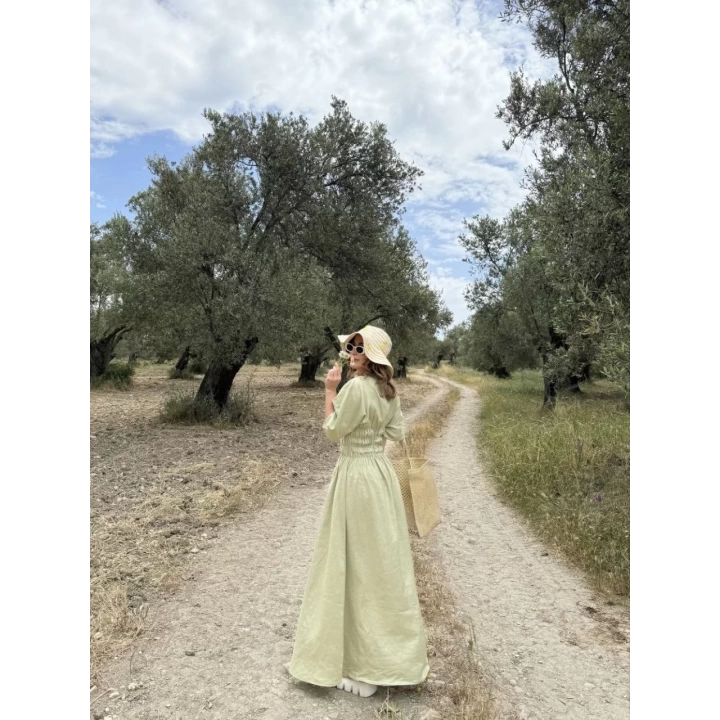 Kadın Keten Kısa Kollu uzun Elbise - Mint Yeşili